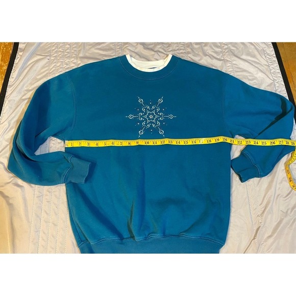 Vintage M&C Sportswear Snowflake Teal Sweatshirt Beaded Mock Neck Medium - Picture 6 of 6